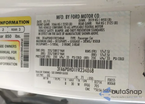 2015 Ford Fusion Se z USA, uszkodzony, nr VIN 3FA6P0HD1FR234868